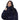 Woman wearing a dark blue faux fur coat on a white background
