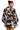 Back view of luxury black and ivory printed matching set with wrap skirt and flowing blouse.